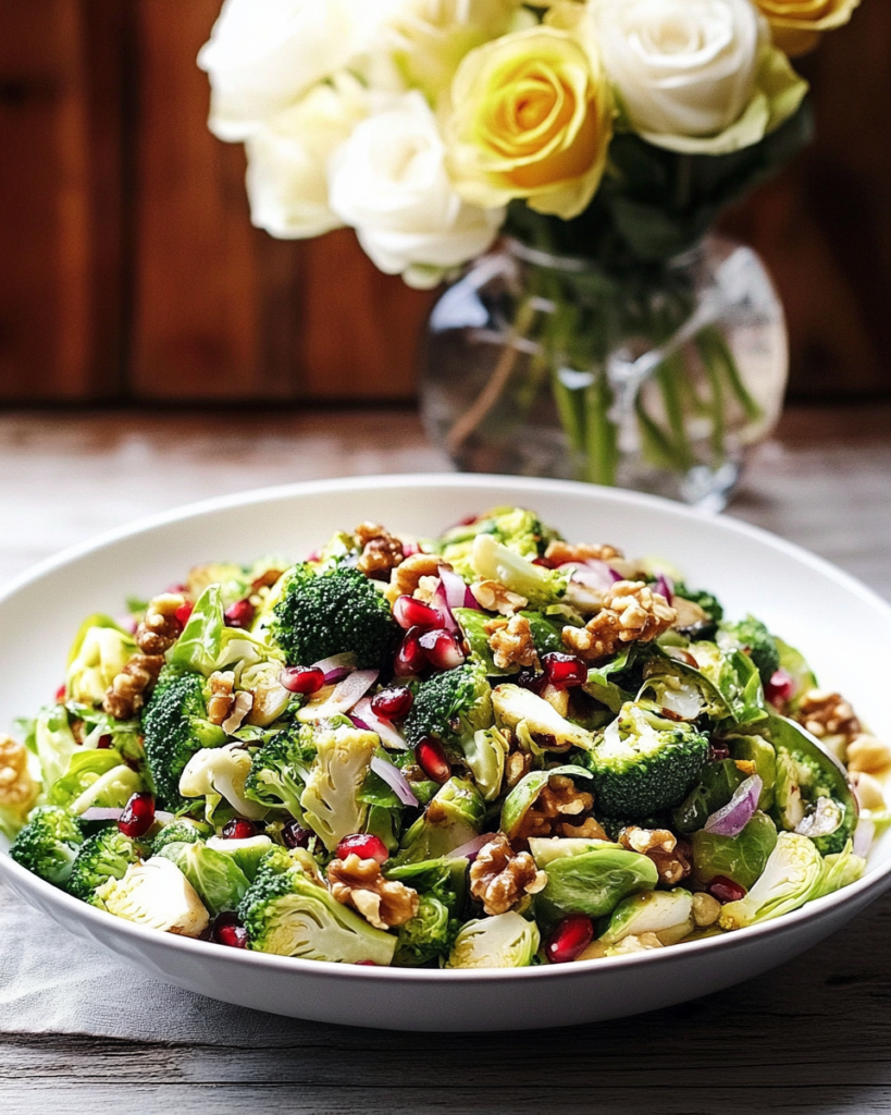 Tossing the shredded Brussels sprouts and broccoli with the Honey Dijon Vinaigrette for Broccoli Brussels Sprout Salad.