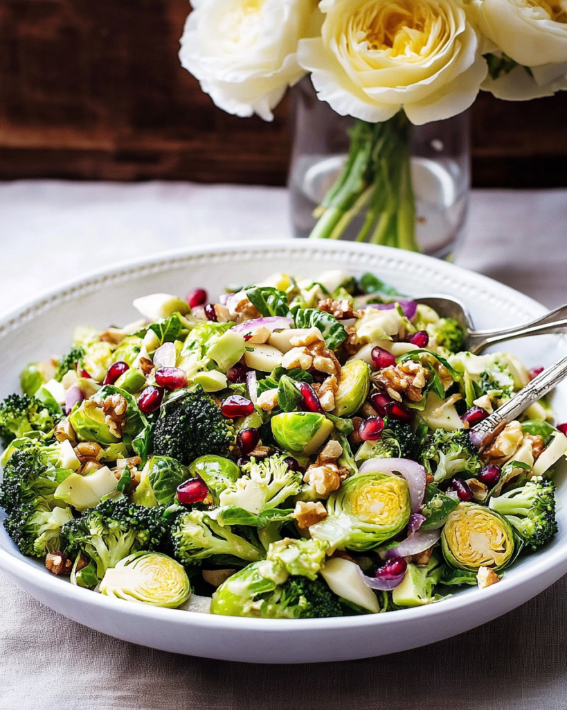 Individual servings of Broccoli Brussels Sprout Salad on plates or in meal prep containers.