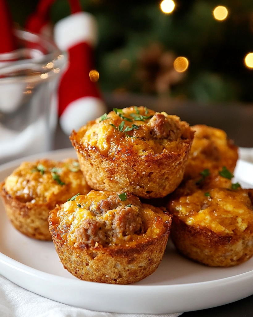 Scooping the sausage and cheese mixture into a muffin tin for Sausage Egg Muffins.
