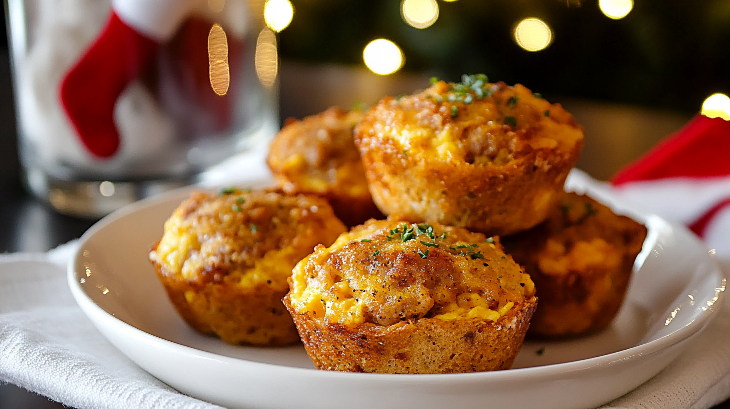 Golden-brown Sausage Egg Muffins in a muffin tin or arranged on a plate.