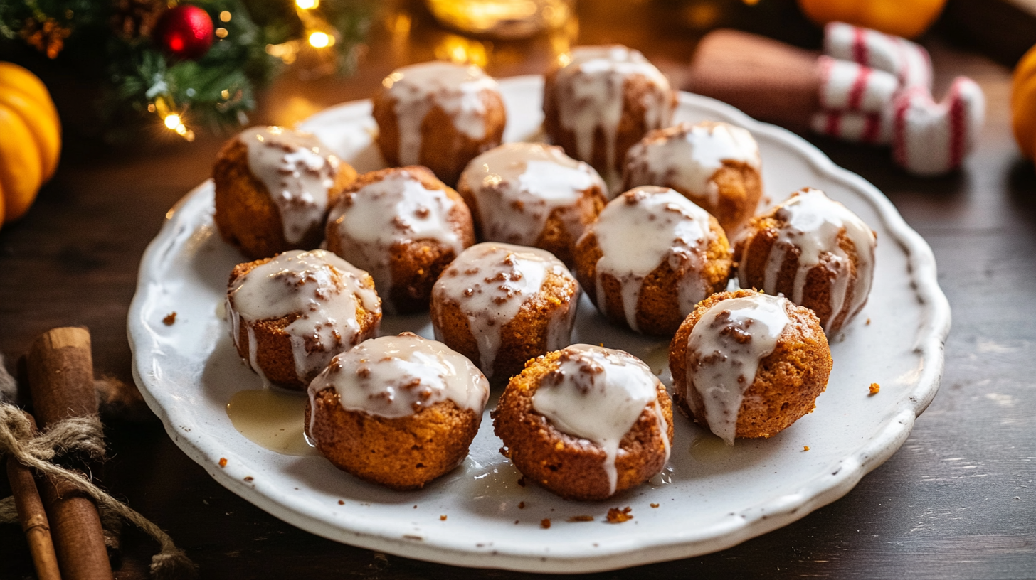 A plate or platter full of glazed Pumpkin Bites (mini muffins).