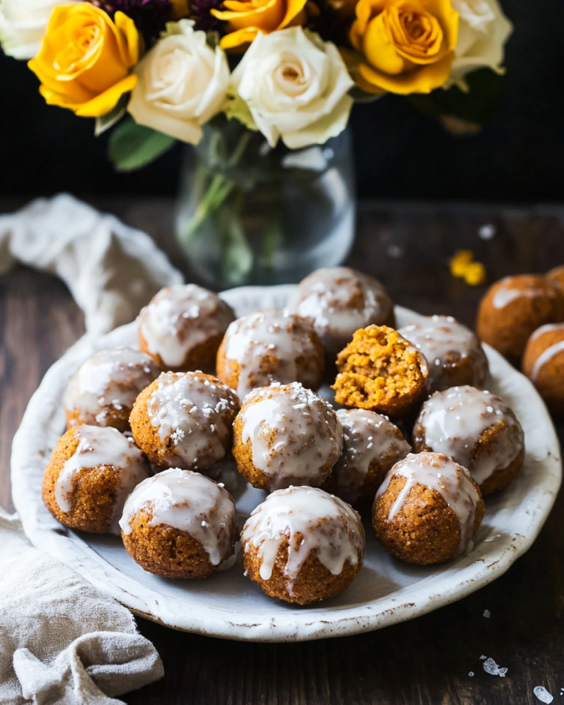 Pumpkin Bites arranged on a festive platter or cooling rack, showing the glaze.