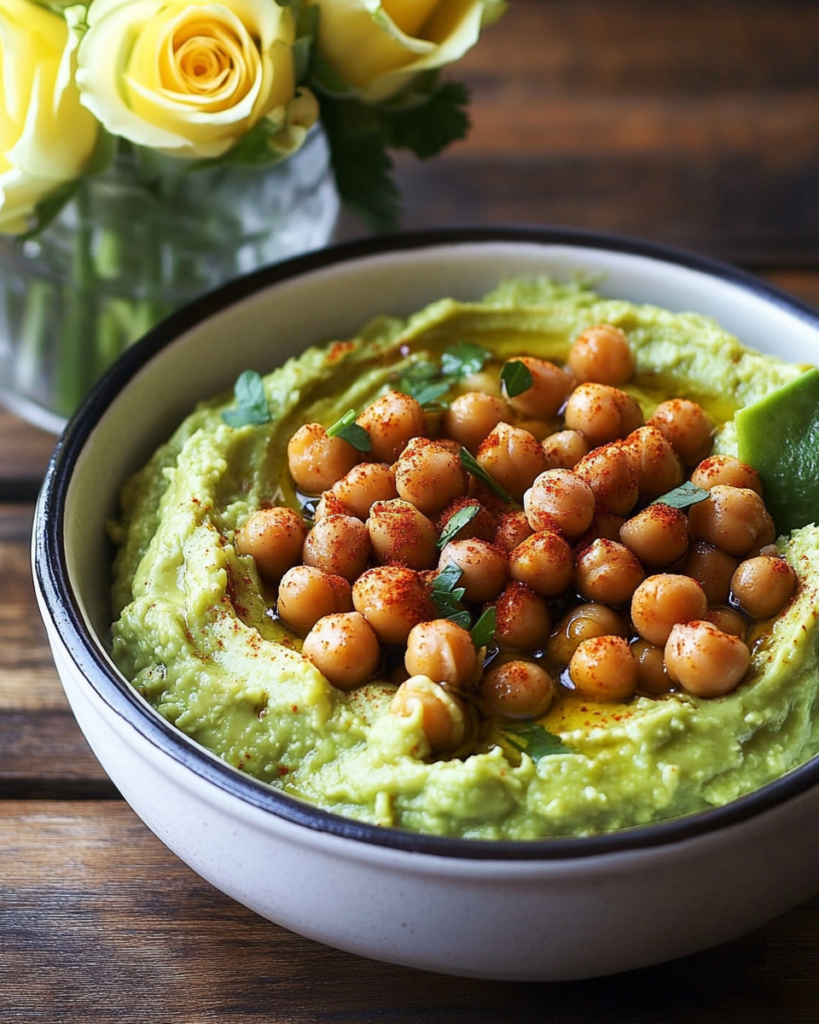 Ingredients for Roasted Chickpea Avocado Dip, including chickpeas, avocado, lime, cilantro, garlic, and spices.