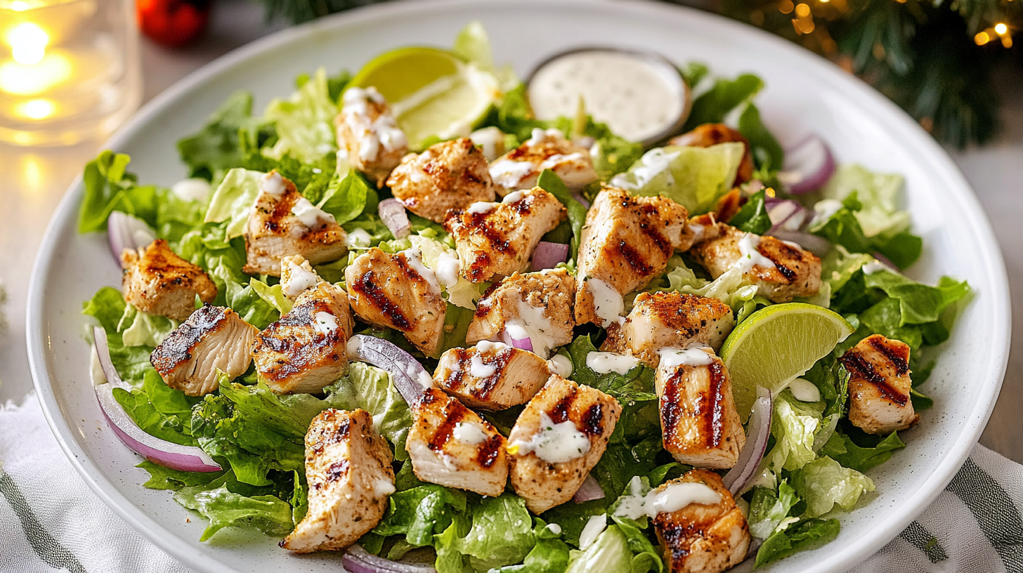 A vibrant bowl of Honey Lemon Grilled Chicken Salad with romaine, red onion, Parmesan, and glazed chicken.