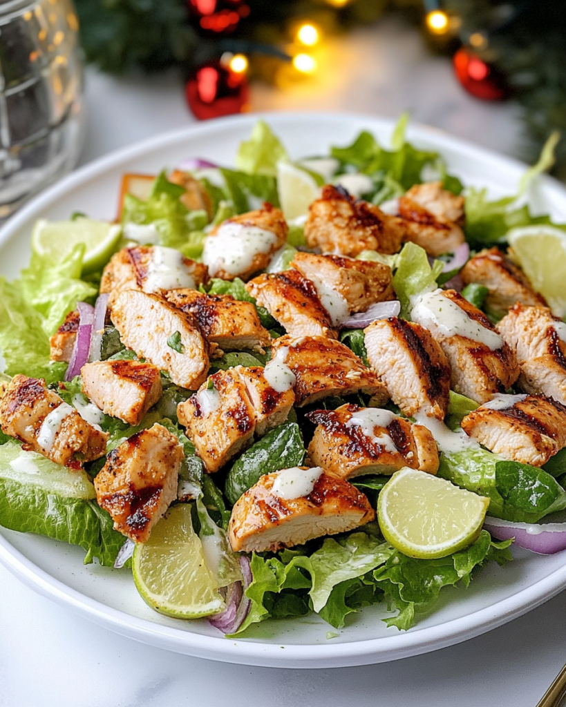 A close-up of the Honey Lemon Grilled Chicken Salad, showing the glazed chicken and fresh ingredients.