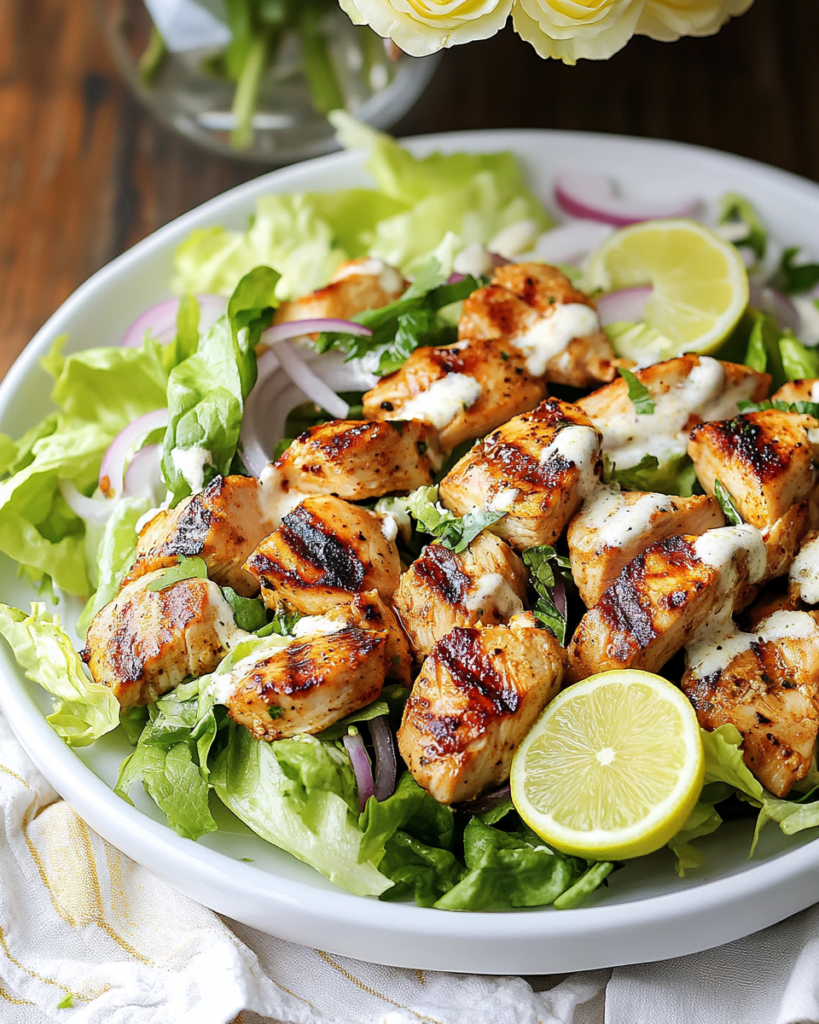 Ingredients for Honey Lemon Grilled Chicken Salad, including chicken breast, romaine, lemon, honey, Parmesan, and spices.