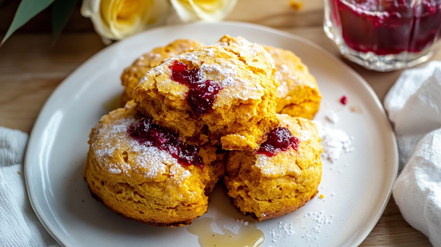Fluffy, golden-brown Sweet Potato Biscuits served with a side of cranberry maple butter.
