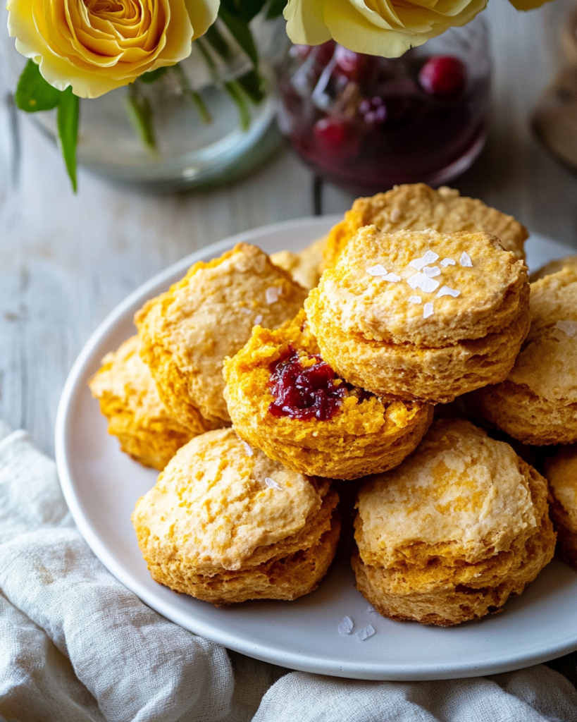 A Sweet Potato Biscuit split open and spread with salted cranberry maple butter.