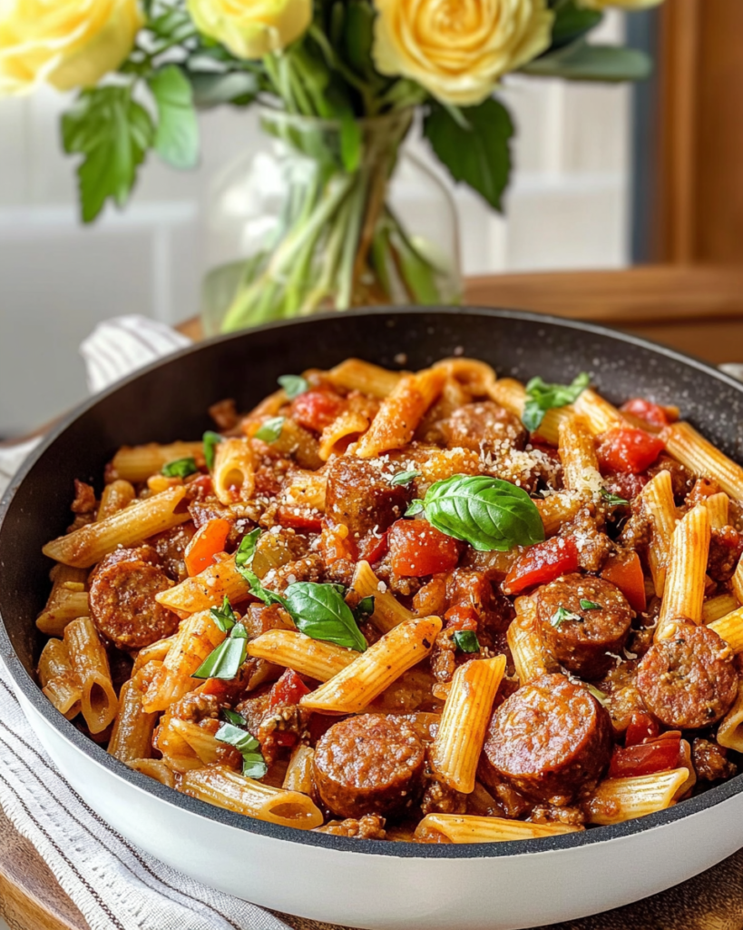 Ingredients for Sausage Pasta Skillet, including Italian sausage, penne pasta, bell peppers, onions, tomatoes, and spices.