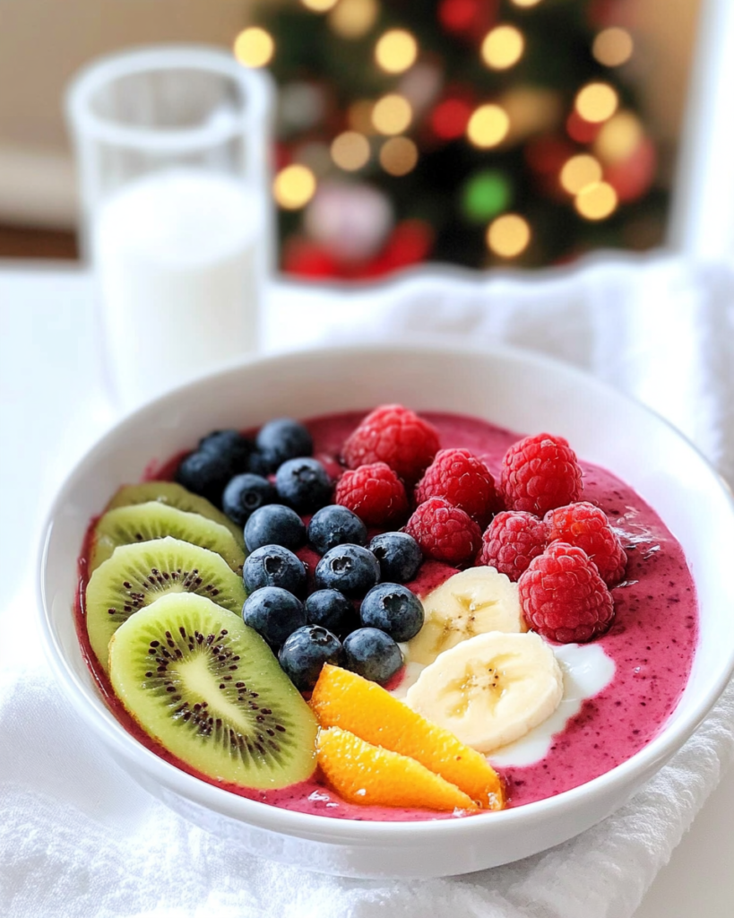 Blending the pink smoothie base in a high-speed blender for the Rainbow Smoothie Bowl.