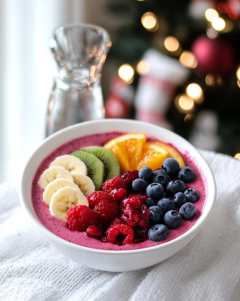 Ingredients for Rainbow Smoothie Bowl, including frozen raspberries, frozen banana, yogurt, milk/juice, and various fresh fruit toppings.