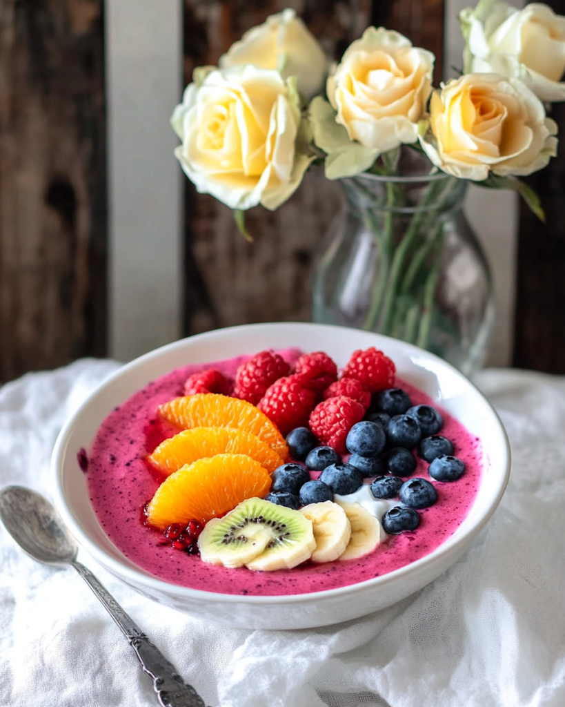 A close-up of the Rainbow Smoothie Bowl showcasing the thick smoothie base and neatly arranged fruit toppings.
