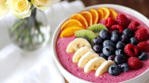 A vibrant pink Rainbow Smoothie Bowl topped artfully with lines of colorful fresh fruit (banana, orange, kiwi, berries).