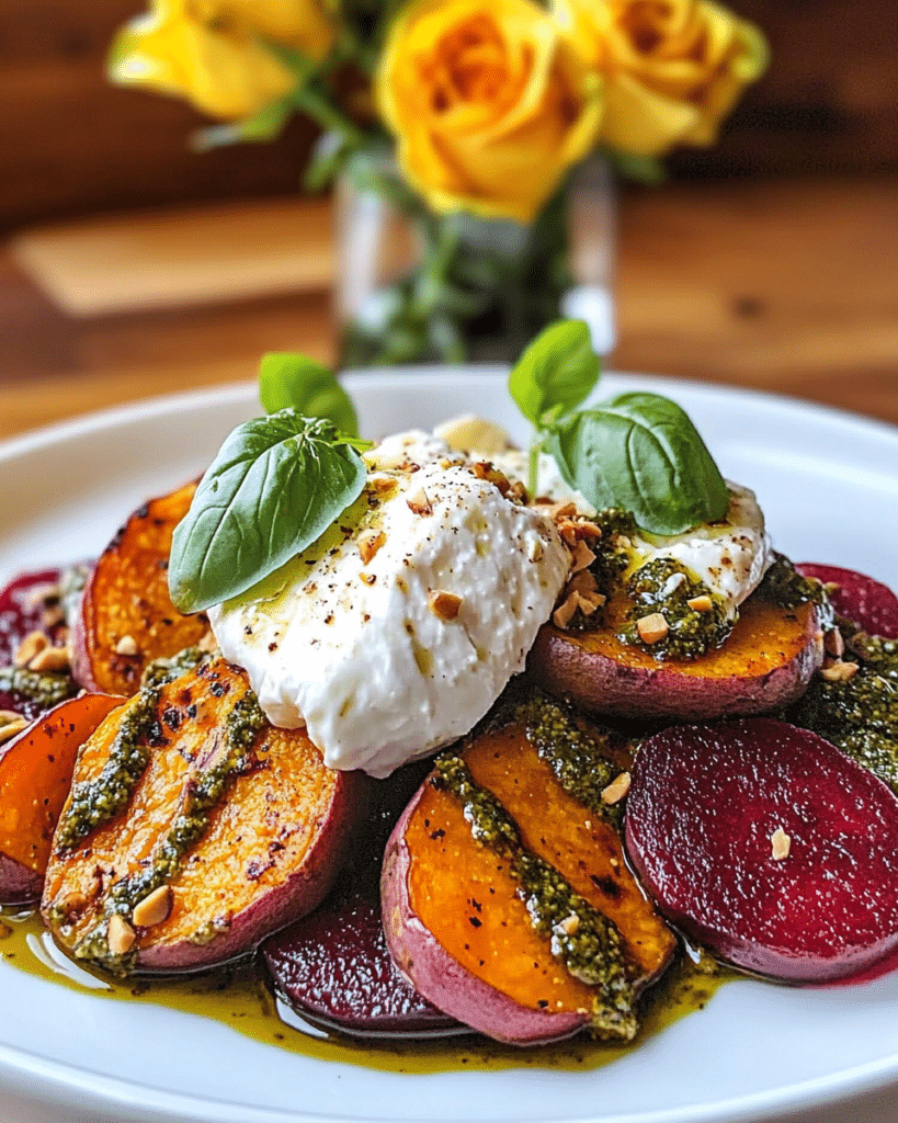 A close-up serving of Roasted Sweet Potatoes with Burrata, highlighting the creamy cheese and vibrant pesto.
