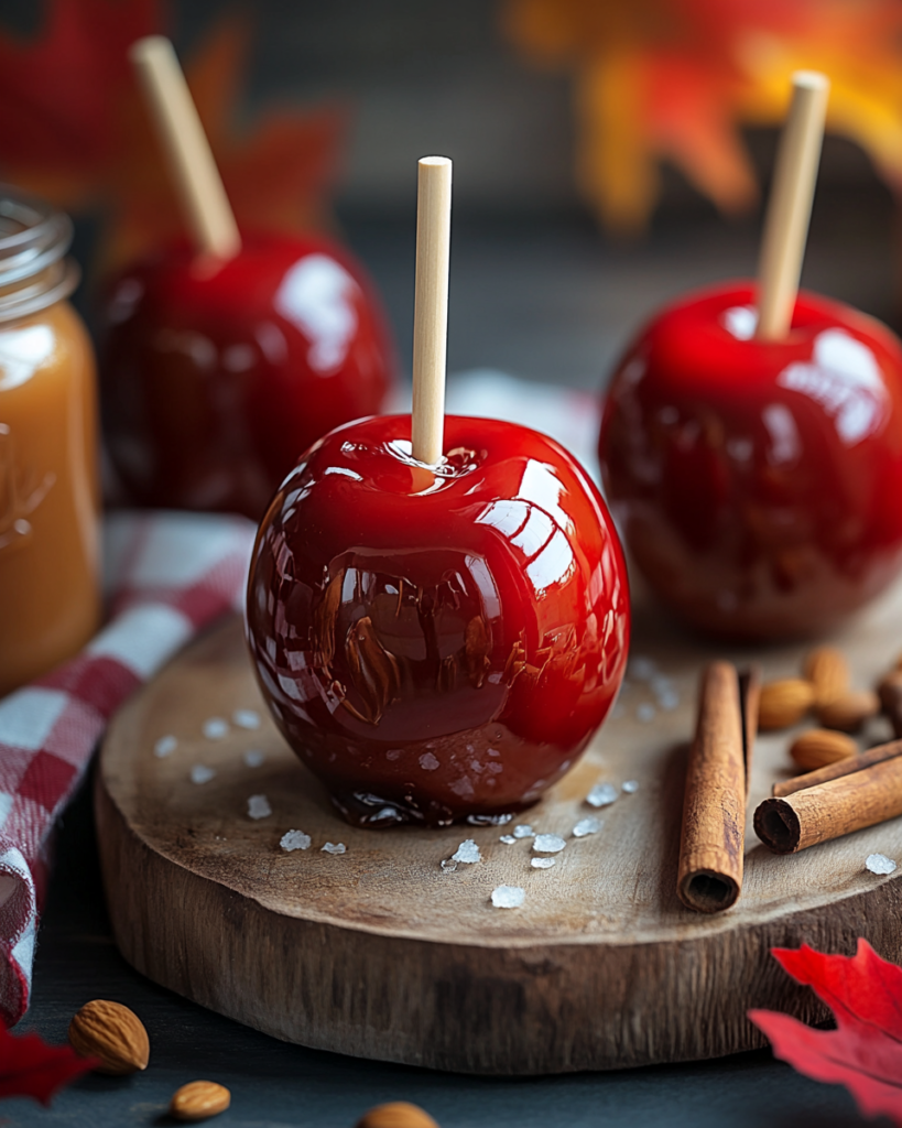 Dipping an apple into the hot red candy syrup for Candy Apples.