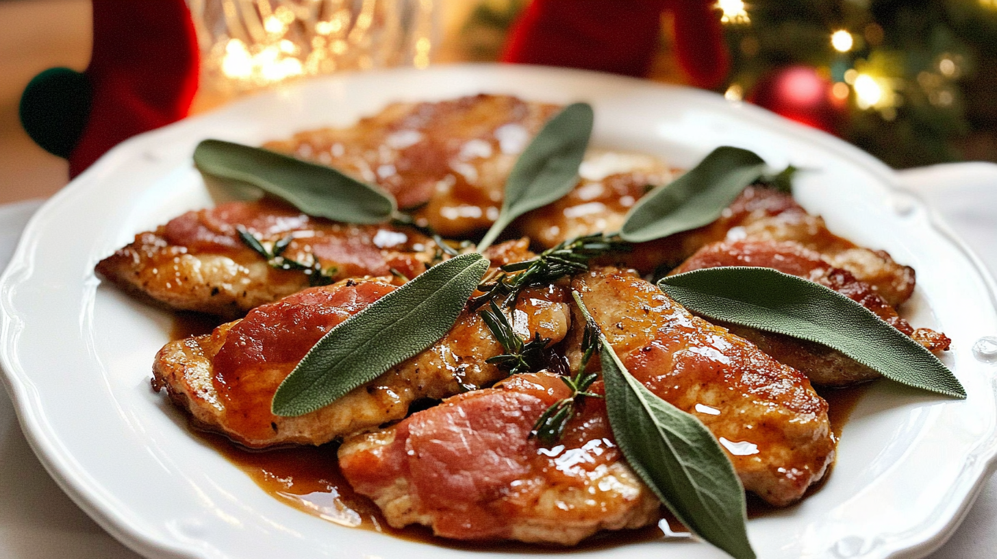 Pan-seared Saltimbocca alla Romana cutlets with sage and prosciutto in a white wine sauce.