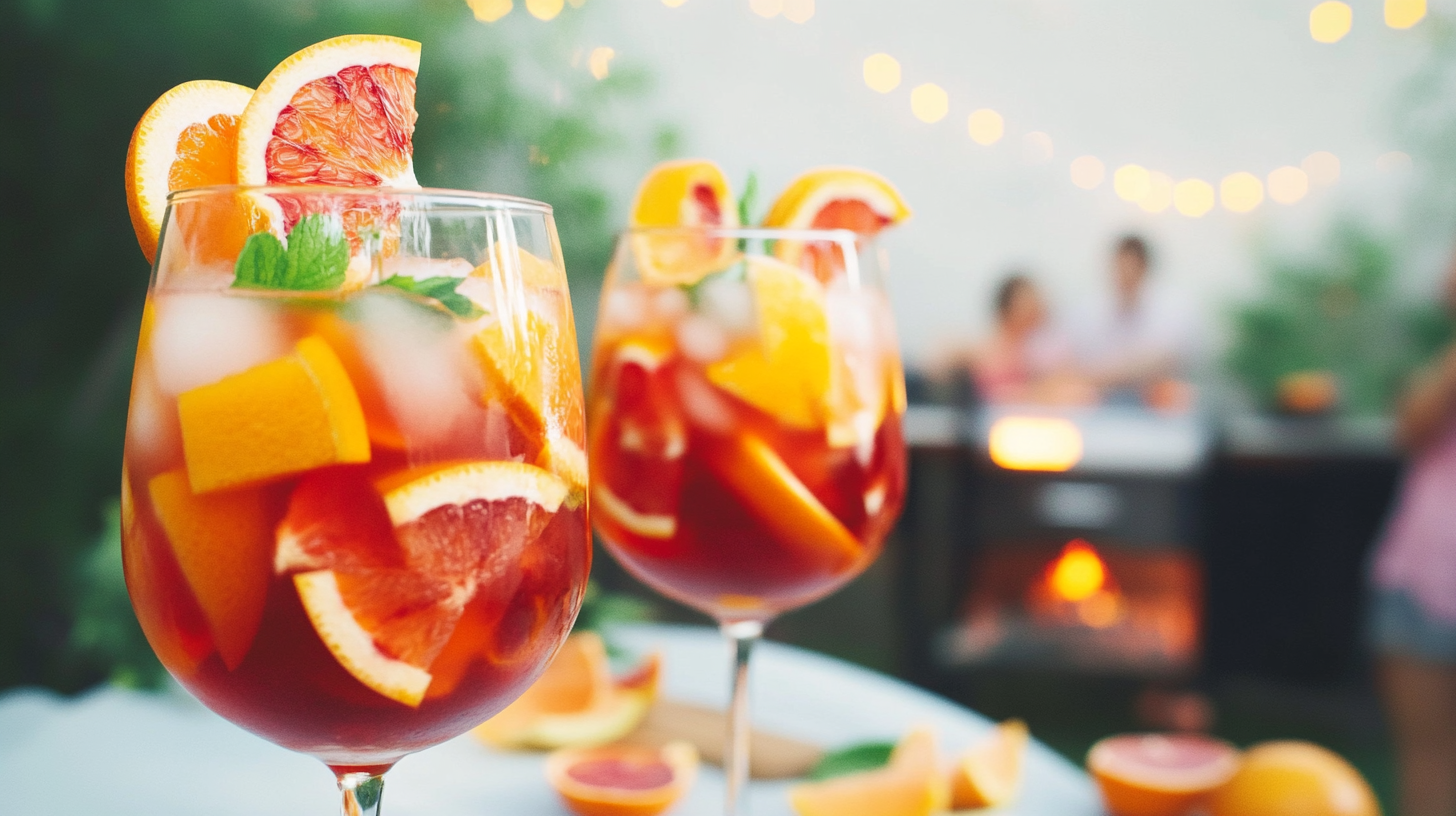 A glass pitcher filled with pink Tropical Hibiscus Sangria, packed with ice and citrus slices.