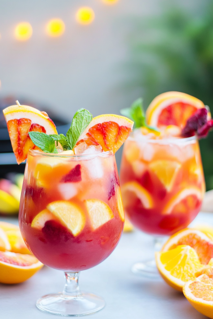 Pouring ingredients into a large pitcher to make Tropical Hibiscus Sangria.