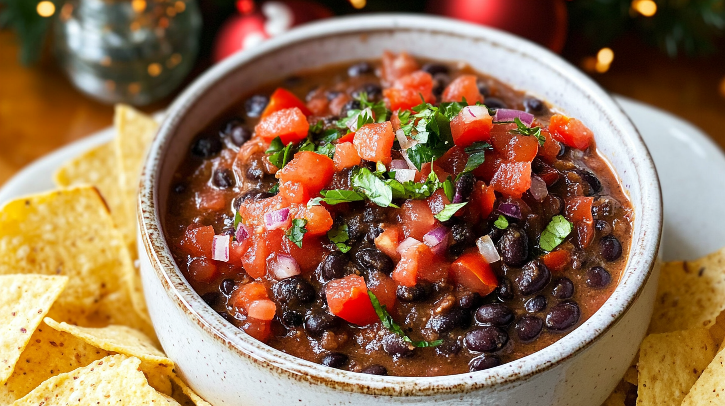A vibrant bowl of Black Bean Dip with visible beans, tomatoes, onions, and herbs.