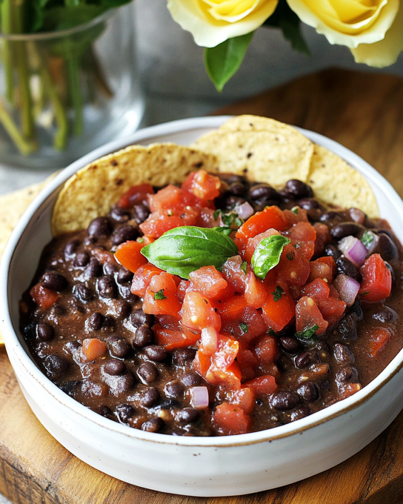 Black Bean Dip served in a bowl with tortilla chips for dipping.