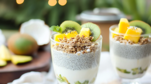 Glass jars or bowls filled with creamy Tropical Chia Pudding, layered or topped with colorful mango, kiwi, and pineapple.