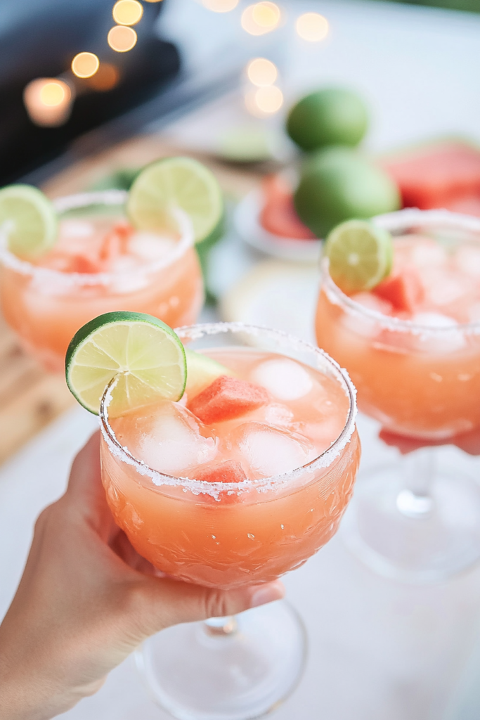 Someone holding a refreshing Melon Margarita on a sunny patio.