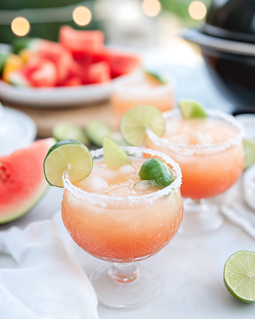  Ingredients for Melon Margaritas, including diced watermelon, cantaloupe, honeydew, tequila, Triple Sec, and lime.