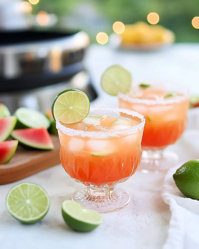 Blending the melon, tequila, lime juice, and ice in a blender for Melon Margaritas.