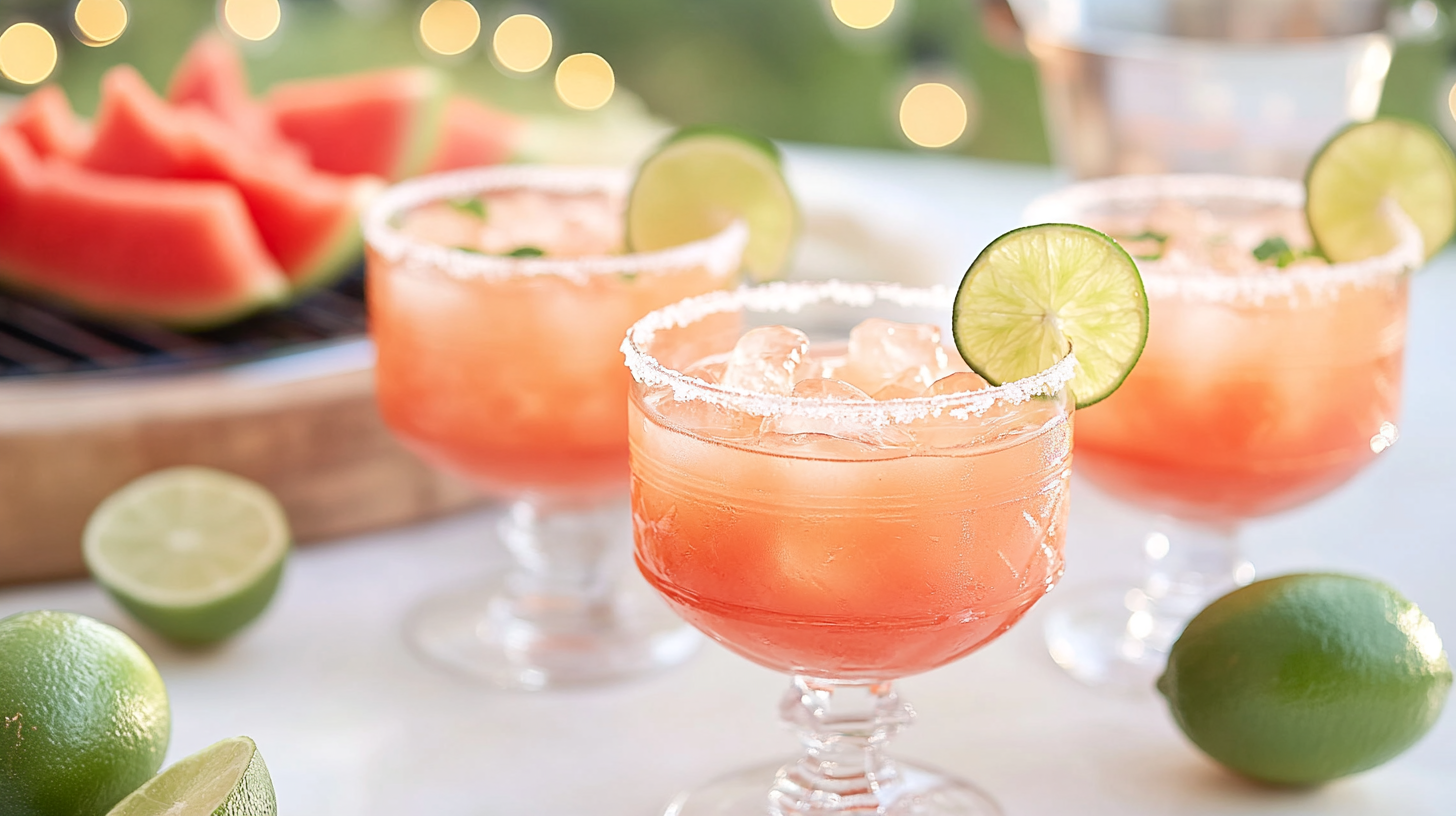 Frosty Melon Margaritas in salt/sugar-rimmed glasses, garnished with lime or melon.