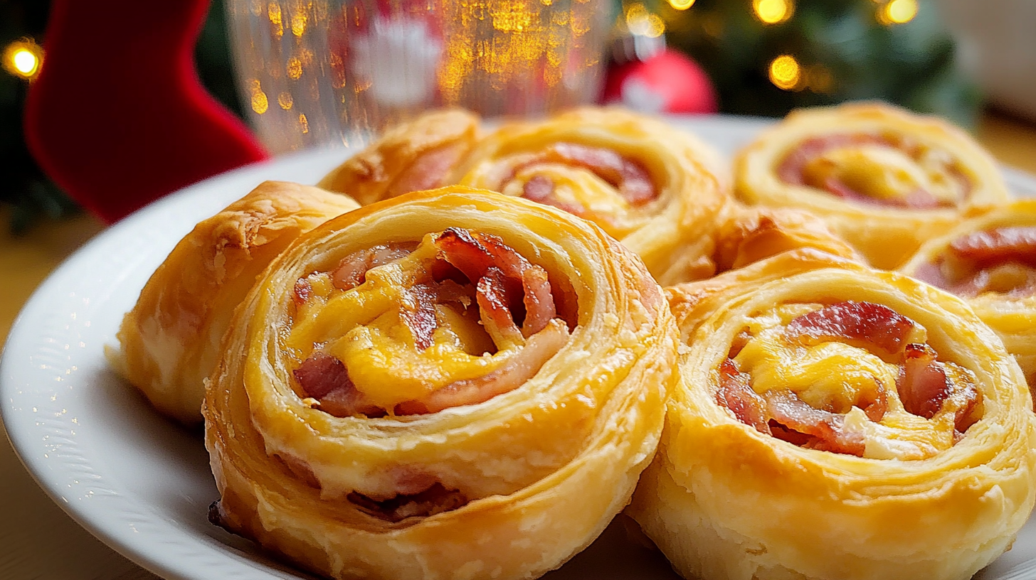 Golden-brown baked Puff Pastry Pinwheels with bacon and cheese on a platter.