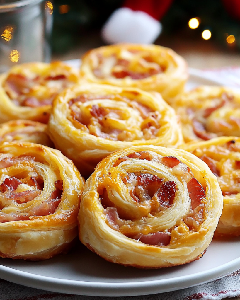 Ingredients for Puff Pastry Pinwheels, including puff pastry sheets, bacon slices, and shredded cheddar cheese.