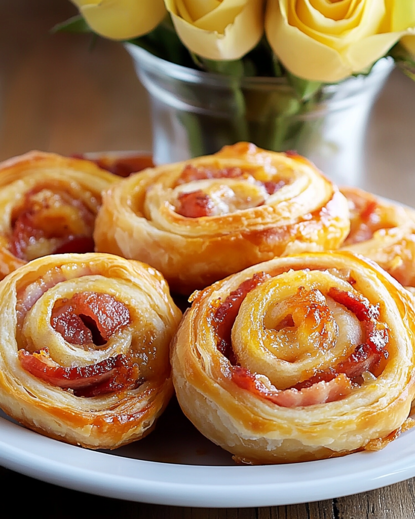 Rolling up the puff pastry log filled with bacon and cheese for Puff Pastry Pinwheels.
