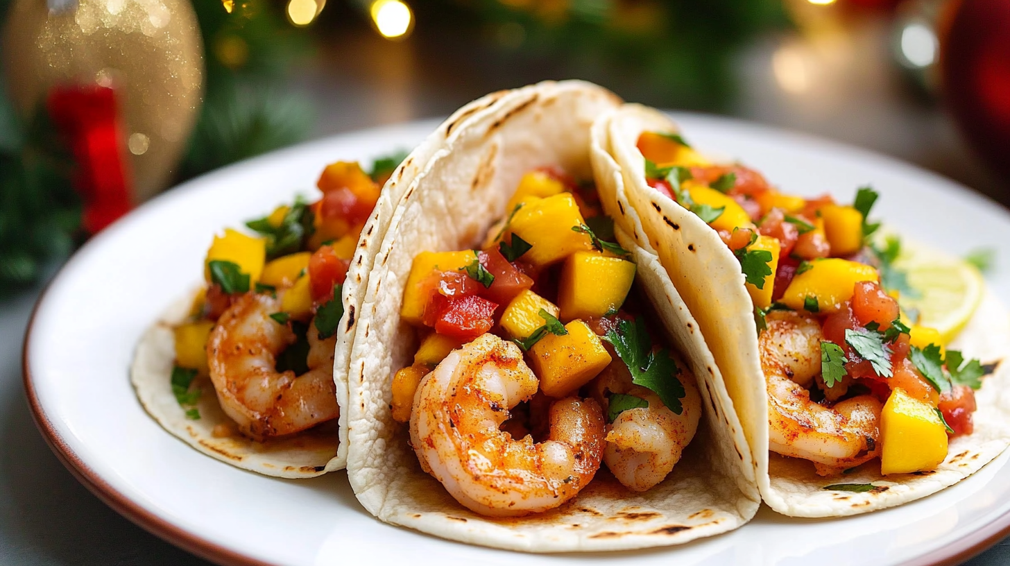 Bright and colorful Shrimp Tacos with Mango Salsa and cilantro garnish on a plate.