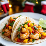 Assembling the Shrimp Tacos by adding marinated shrimp and mango salsa to tortillas.