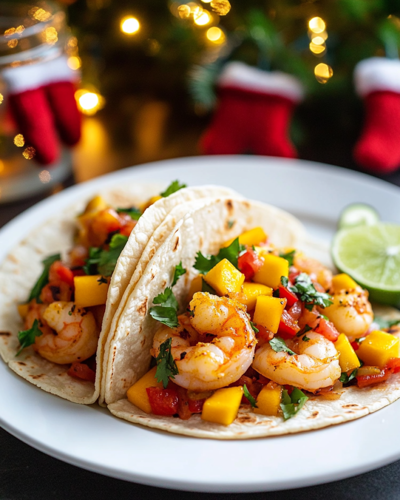 Assembling the Shrimp Tacos by adding marinated shrimp and mango salsa to tortillas.
