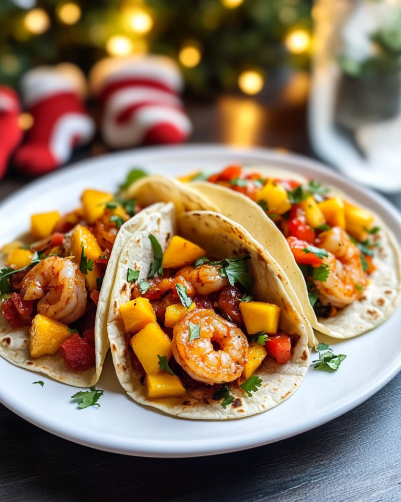 A close-up of Shrimp Tacos with Mango Salsa, ready to be eaten.