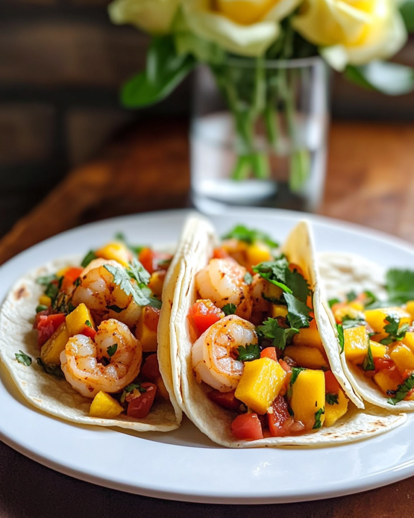 Ingredients for Shrimp Tacos with Mango Salsa, including shrimp, mango, bell pepper, lime, cilantro, and tortillas.