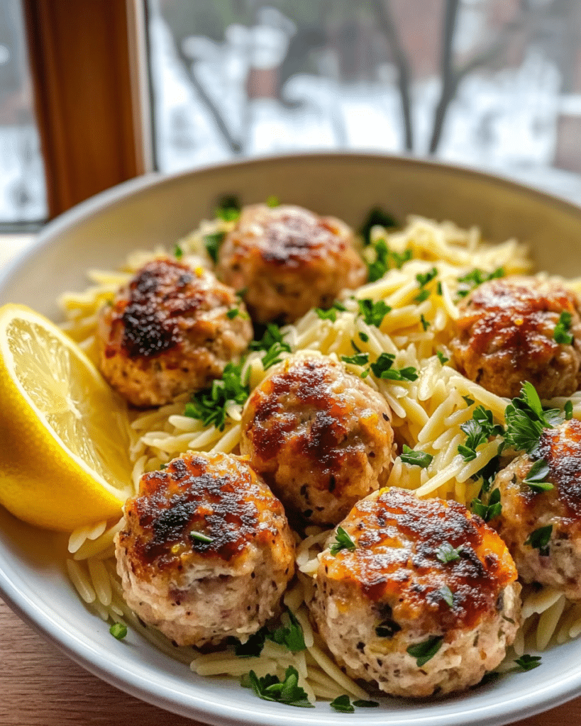A close-up of Greek Chicken Meatballs with Lemon Orzo, showing the tender meatballs and fluffy orzo.
