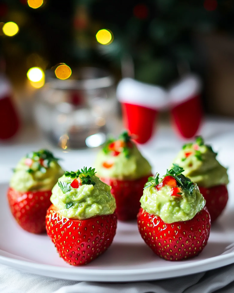 Ingredients for Guacamole Stuffed Strawberries, including fresh strawberries, avocado, lime, and chives.