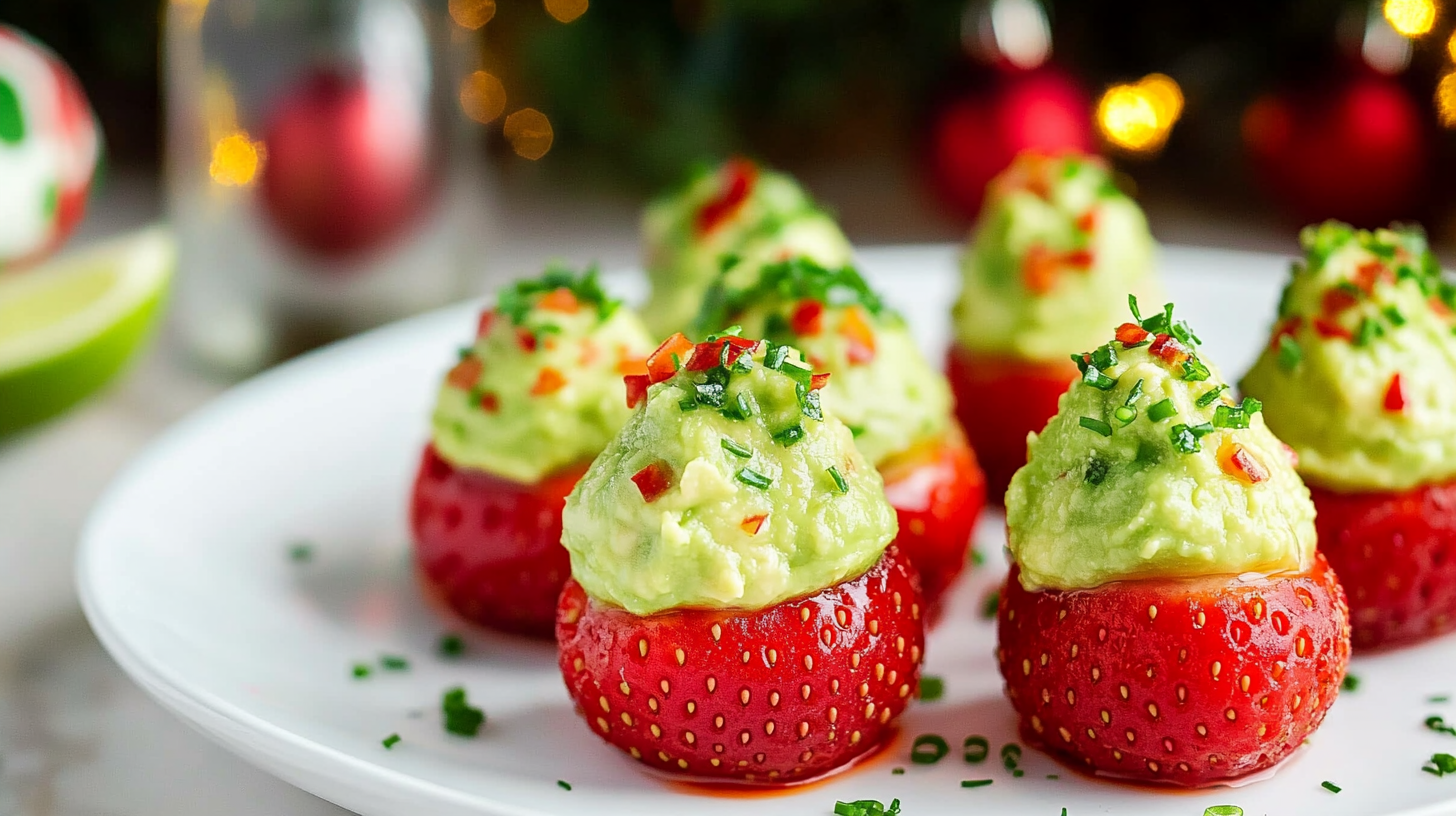 A platter of bright red Guacamole Stuffed Strawberries, garnished with chives.