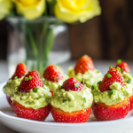 Close-up of individual Guacamole Stuffed Strawberries on a serving dish.