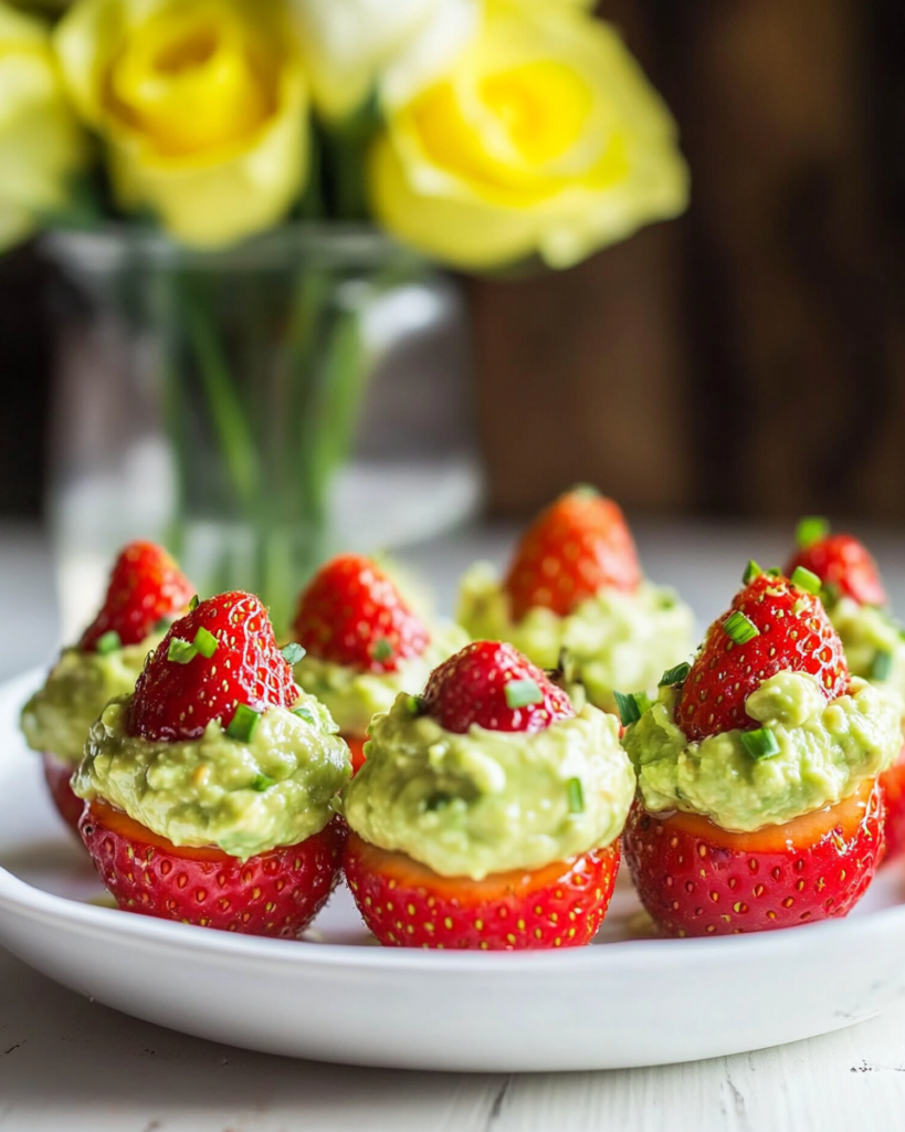 Close-up of individual Guacamole Stuffed Strawberries on a serving dish.