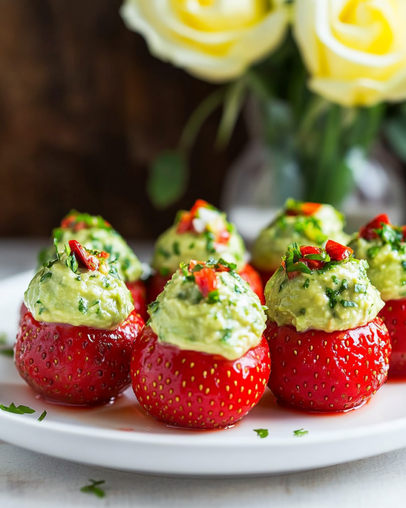 Piping guacamole filling into hollowed-out strawberries for Guacamole Stuffed Strawberries.