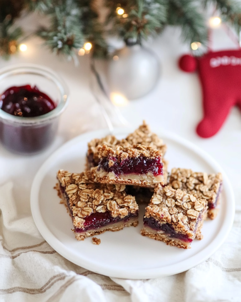 Peanut Butter & Jam Bars cut into squares on a plate or cooling rack.