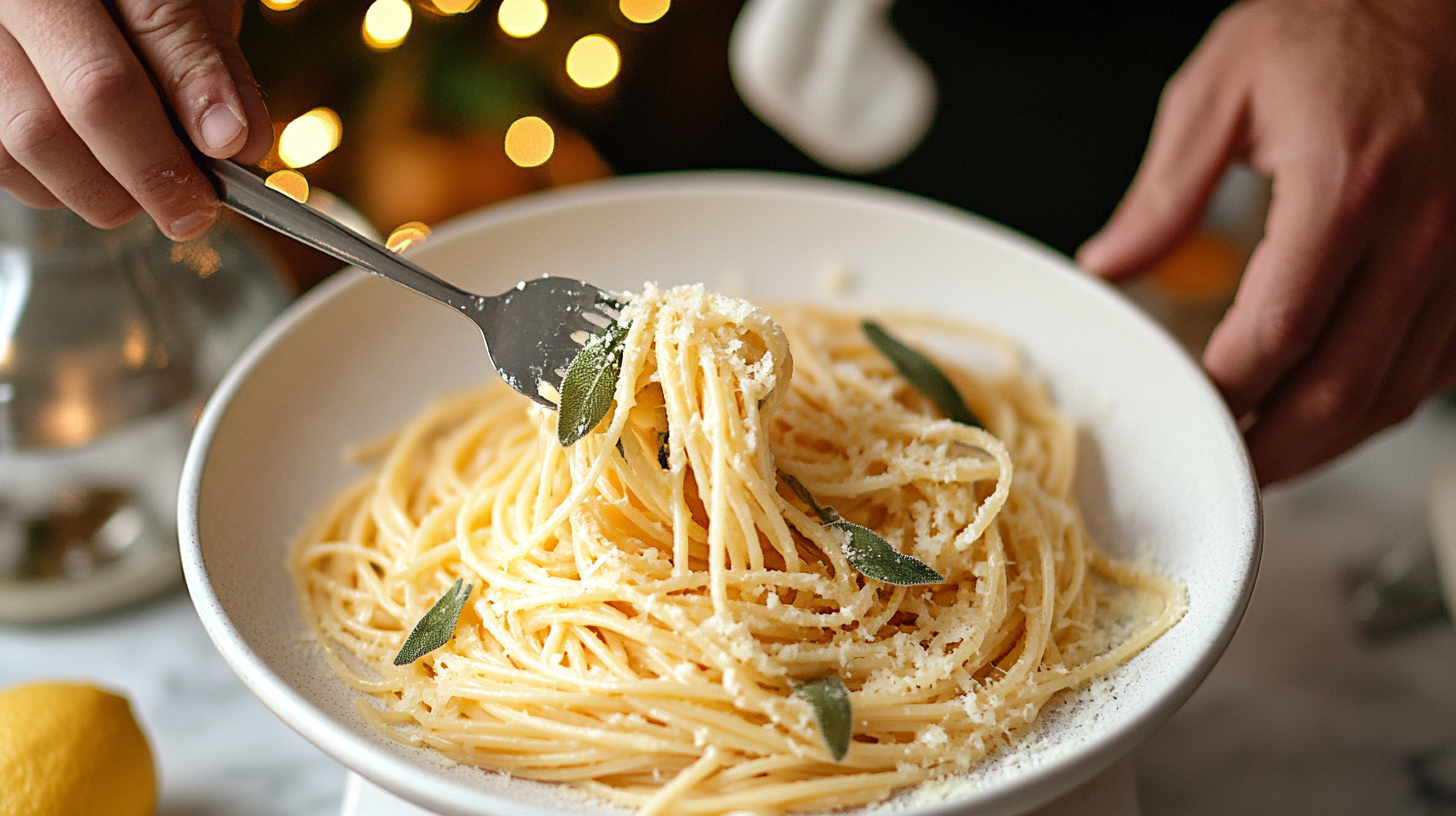 A plate of glistening Lemon Sage Pasta with visible sage leaves and Parmesan cheese.