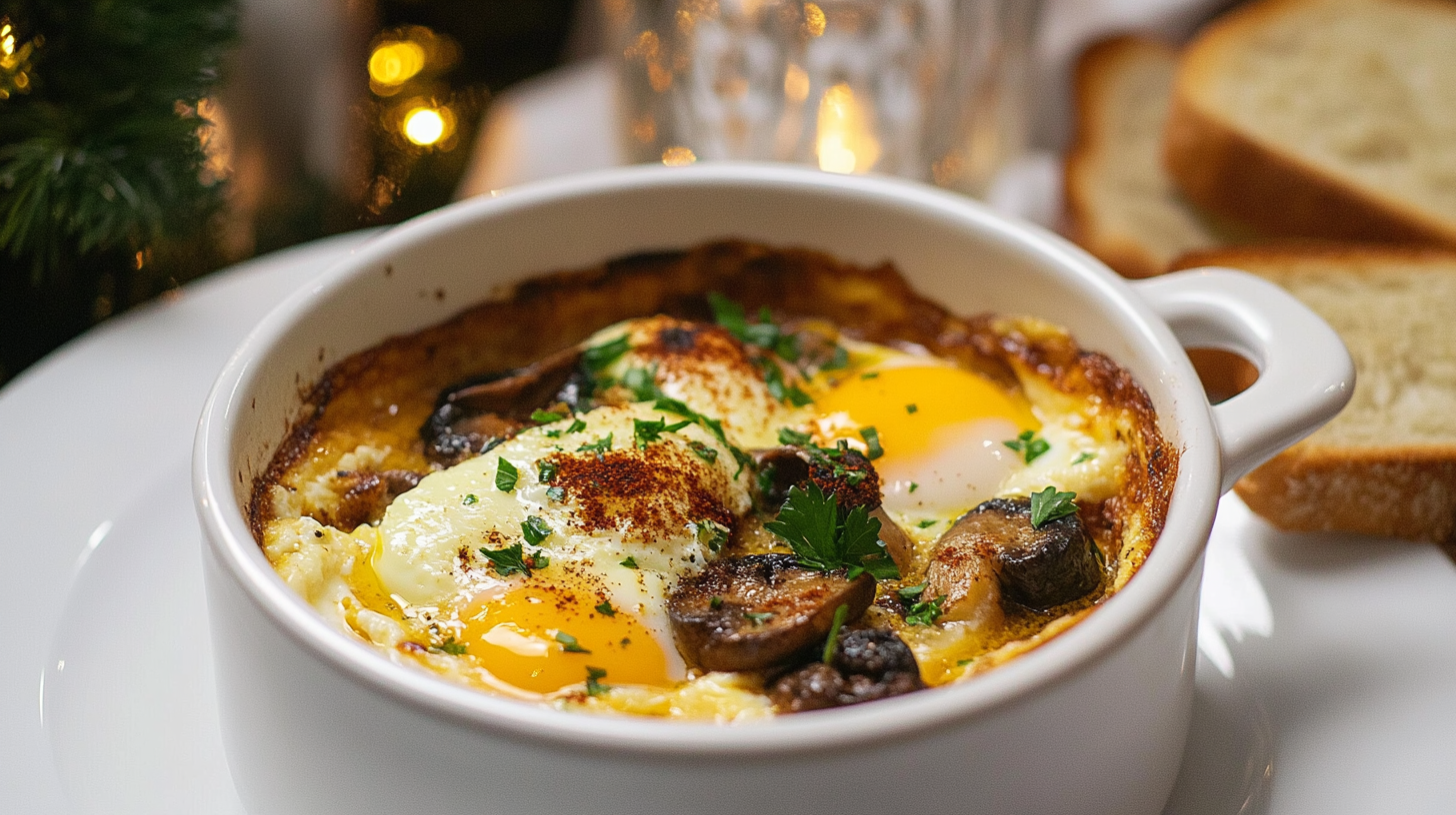 Individual ramekins of Baked Eggs with Mushrooms, showing set whites, potentially runny yolks, and mushroom topping.