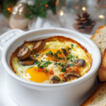 Spooning the sautéed mushroom mixture over partially baked eggs in ramekins for Baked Eggs with Mushrooms.