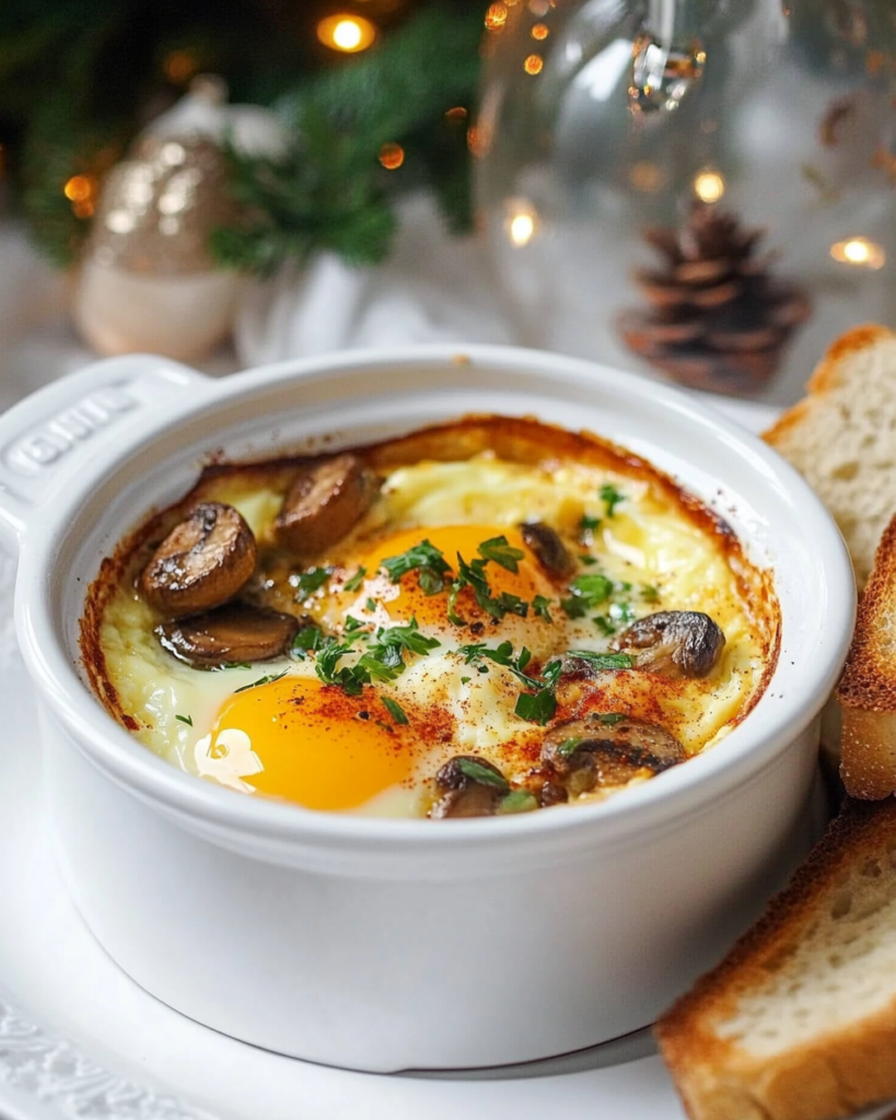 Spooning the sautéed mushroom mixture over partially baked eggs in ramekins for Baked Eggs with Mushrooms.