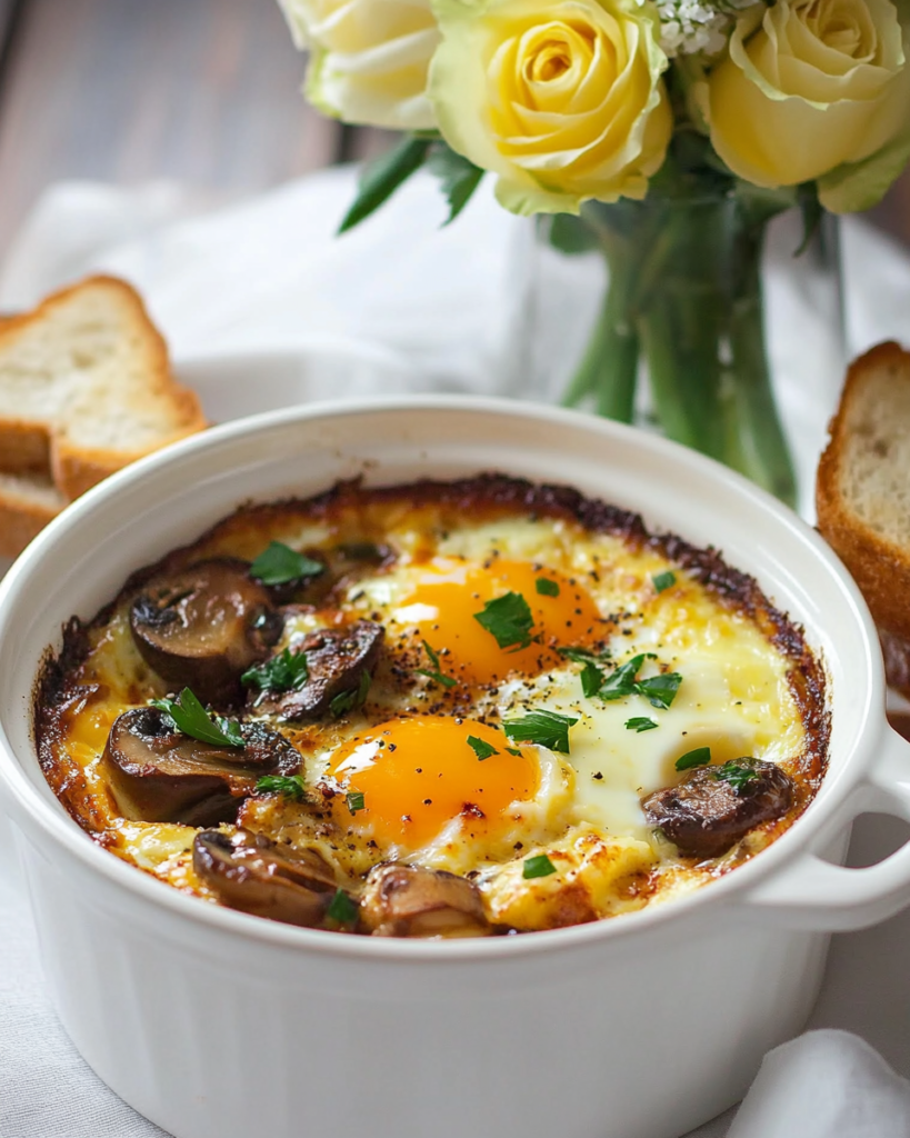 Baked Eggs with Mushrooms served in ramekins with toast points for dipping.