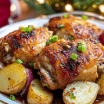 A plate of Baked Garlic Chicken and Potatoes, garnished with scallions.